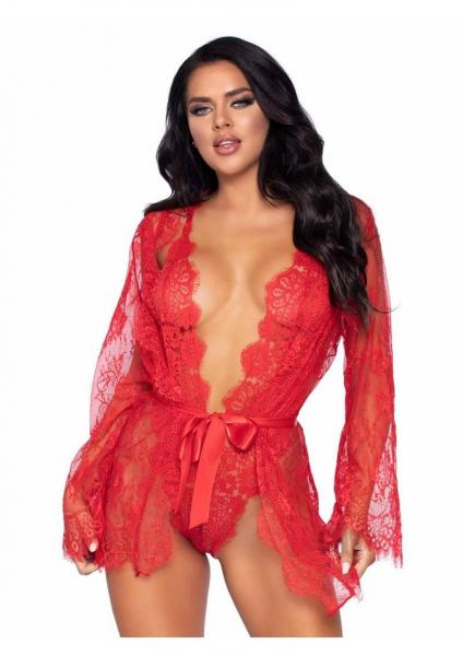 Floral Lace Teddy Thong Robe Tie Md Red