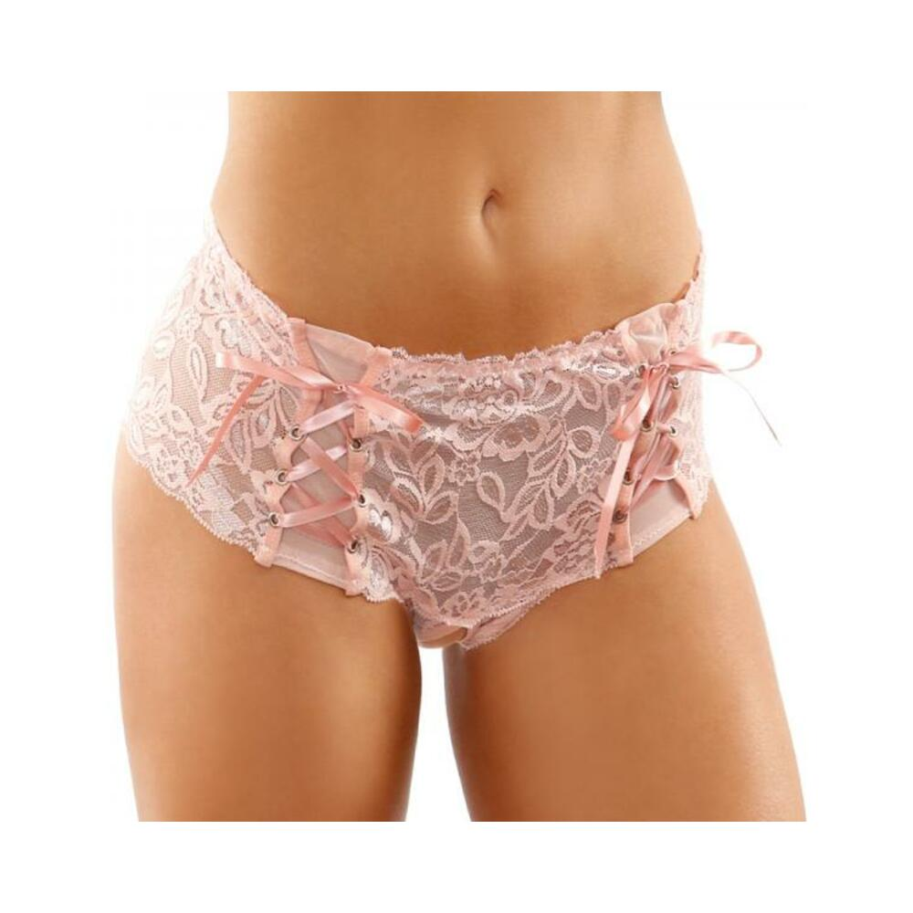 Magnolia Crotchless Lace Boyshort With Lace-up Panel Details Light Pink S/m