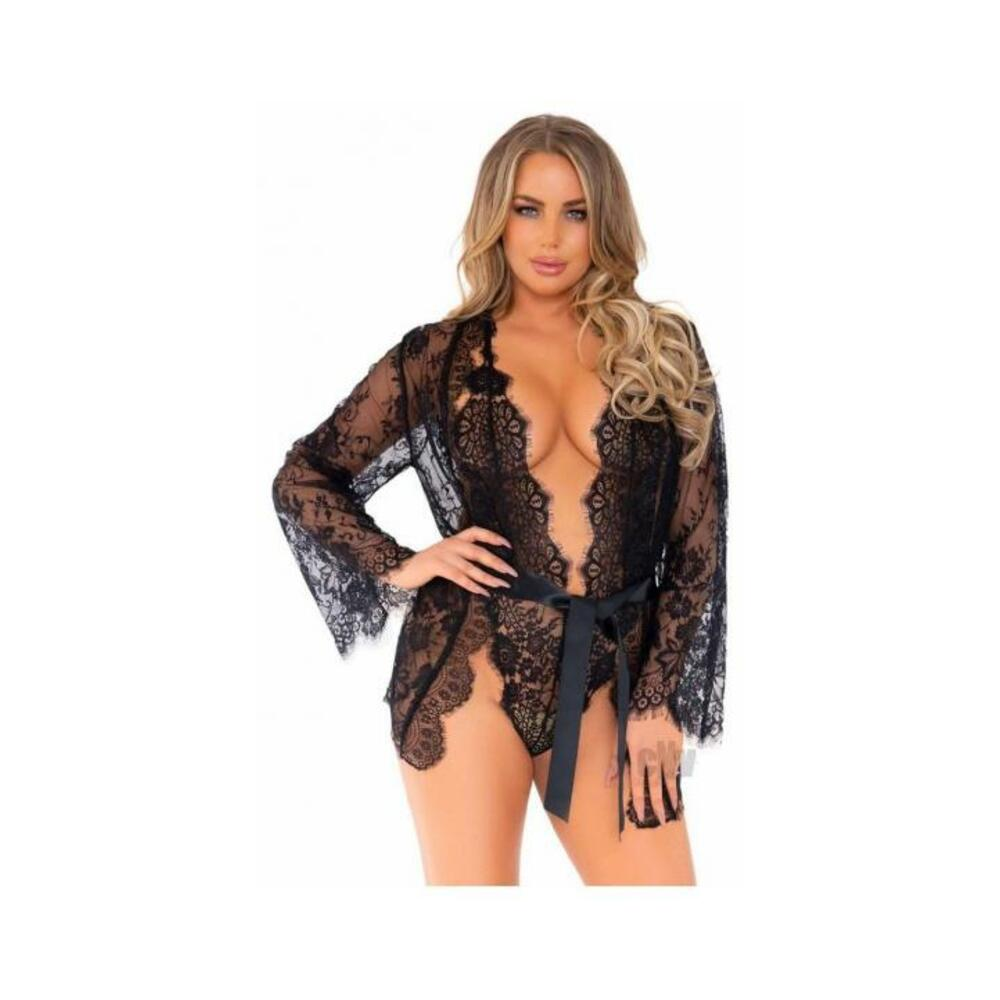 Floral Lace Teddy Thong Robe Tie Md Blk