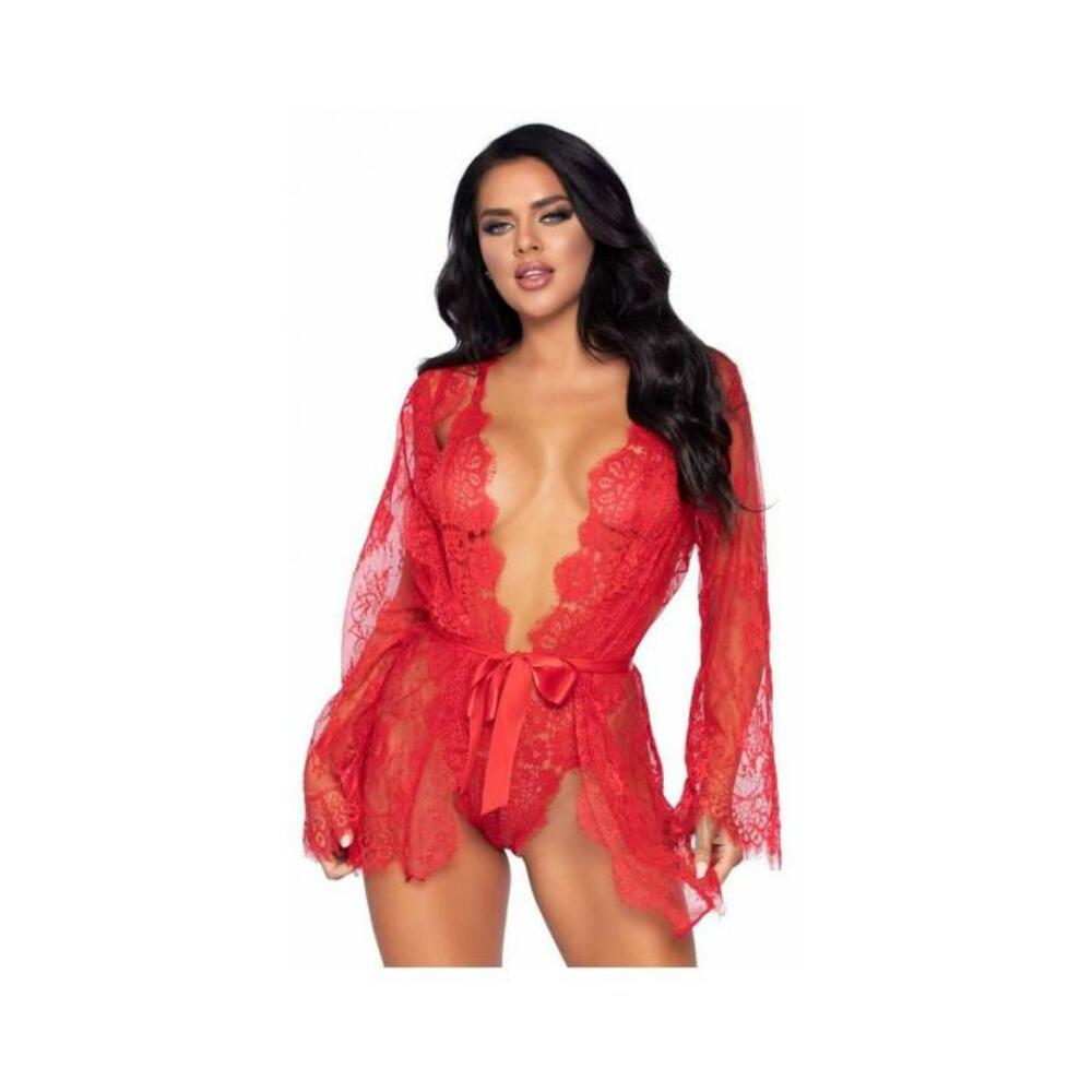 Floral Lace Teddy Thong Robe Tie Md Red