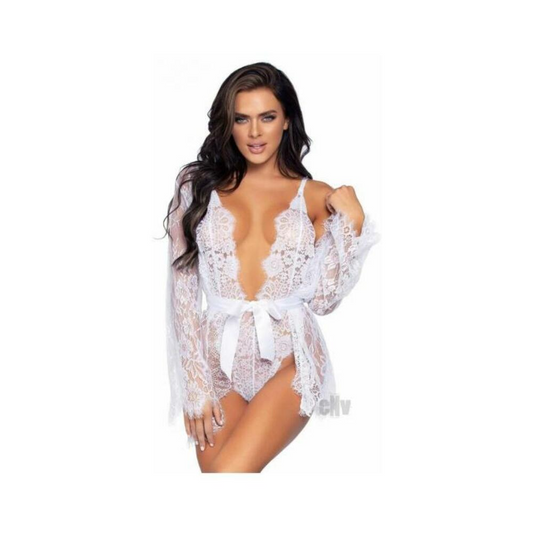 Floral Lace Teddy Thong Robe Tie Md Wht